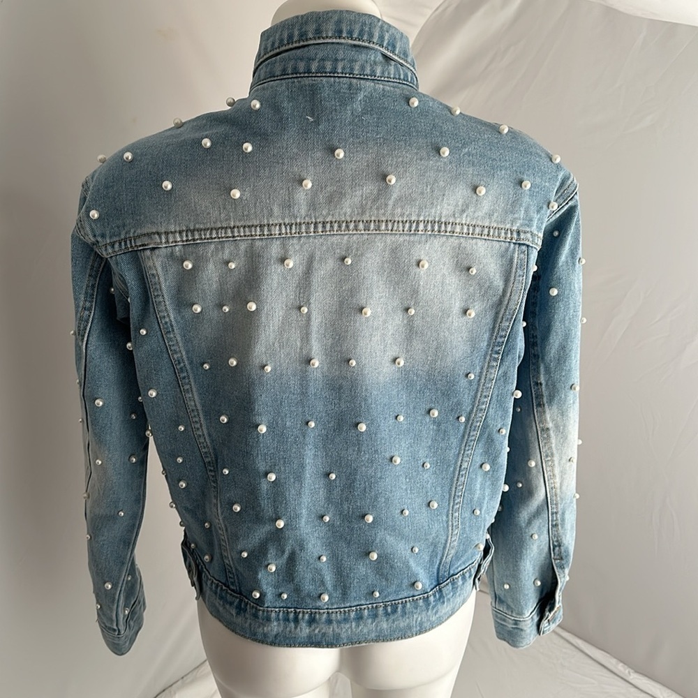 Superdown white pearl embellished light wash blue denim jacket - Picture 4 of 11